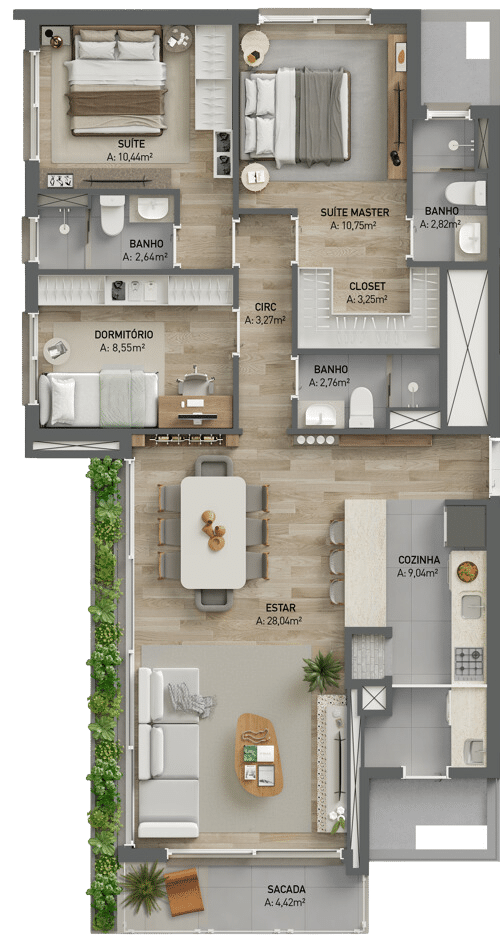 Planta 3 dormitórios - sacada lateral