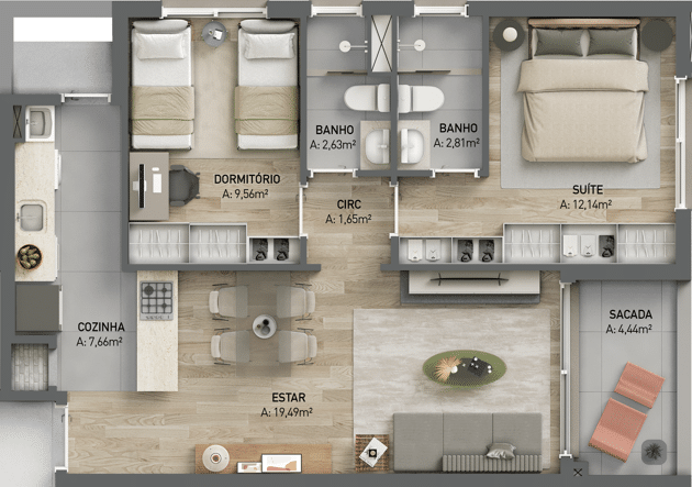 Planta 2 dormitórios - com sacada