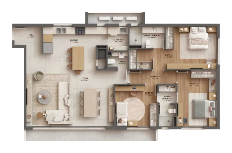 3 dormitórios | 129.21m²