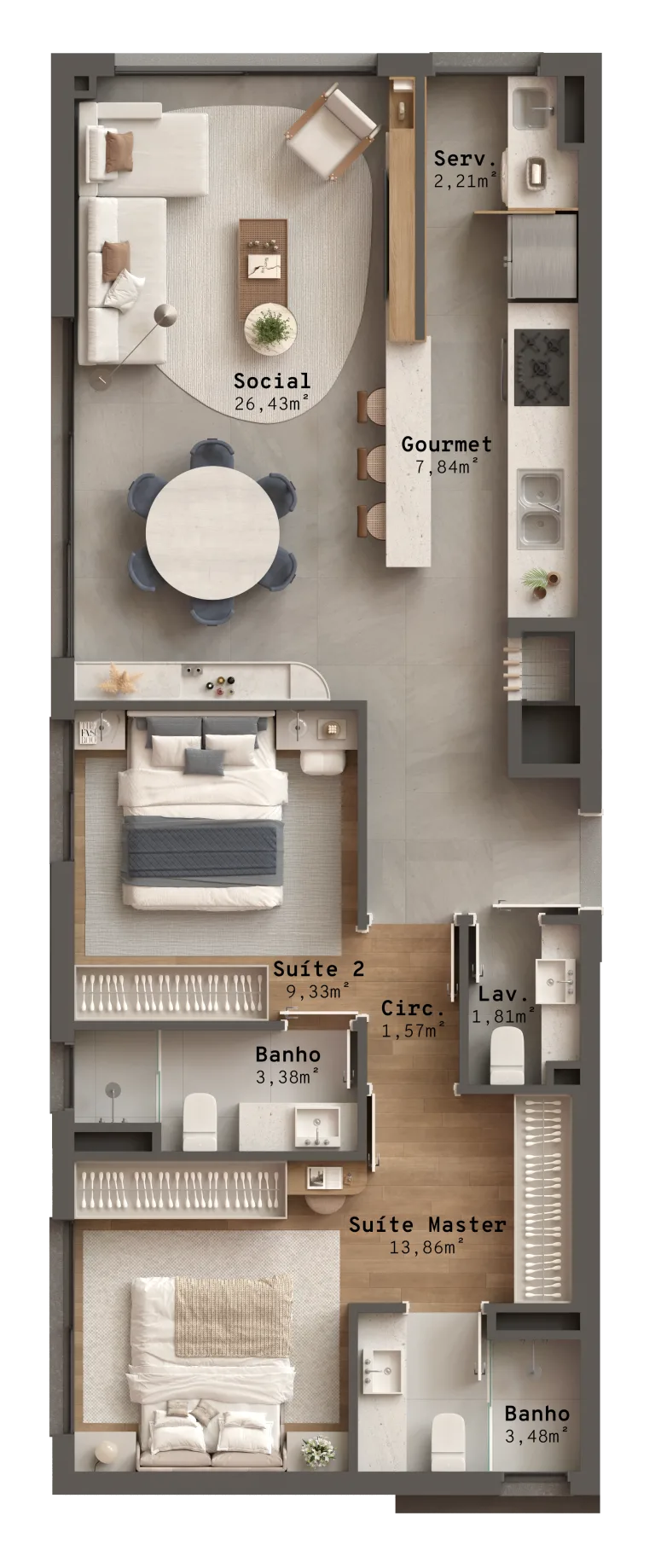 2 suítes sem sacada | 90,47m²
